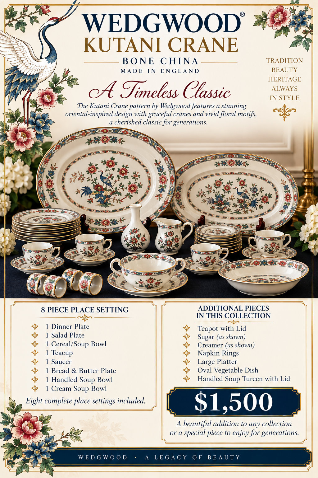 Wedgwood Kutani Crane Bone China — Complete 8-Place-Setting Collection