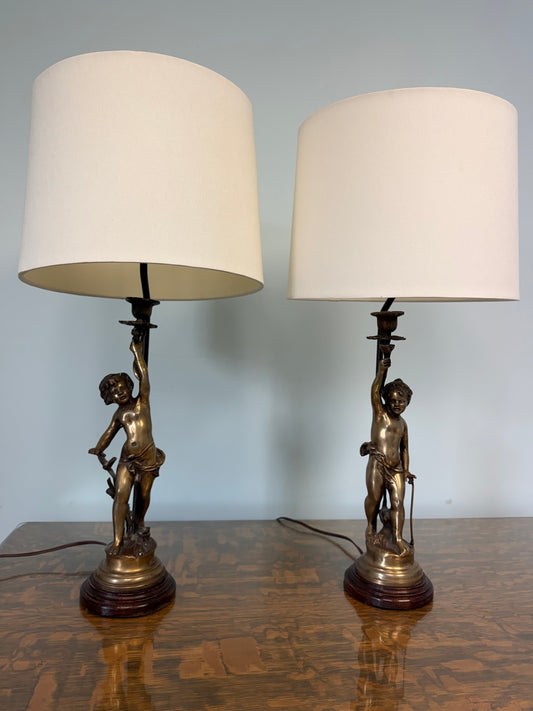 Vintage French Style Brass Cherub Table Lamps- Pair |Hollywood Regency