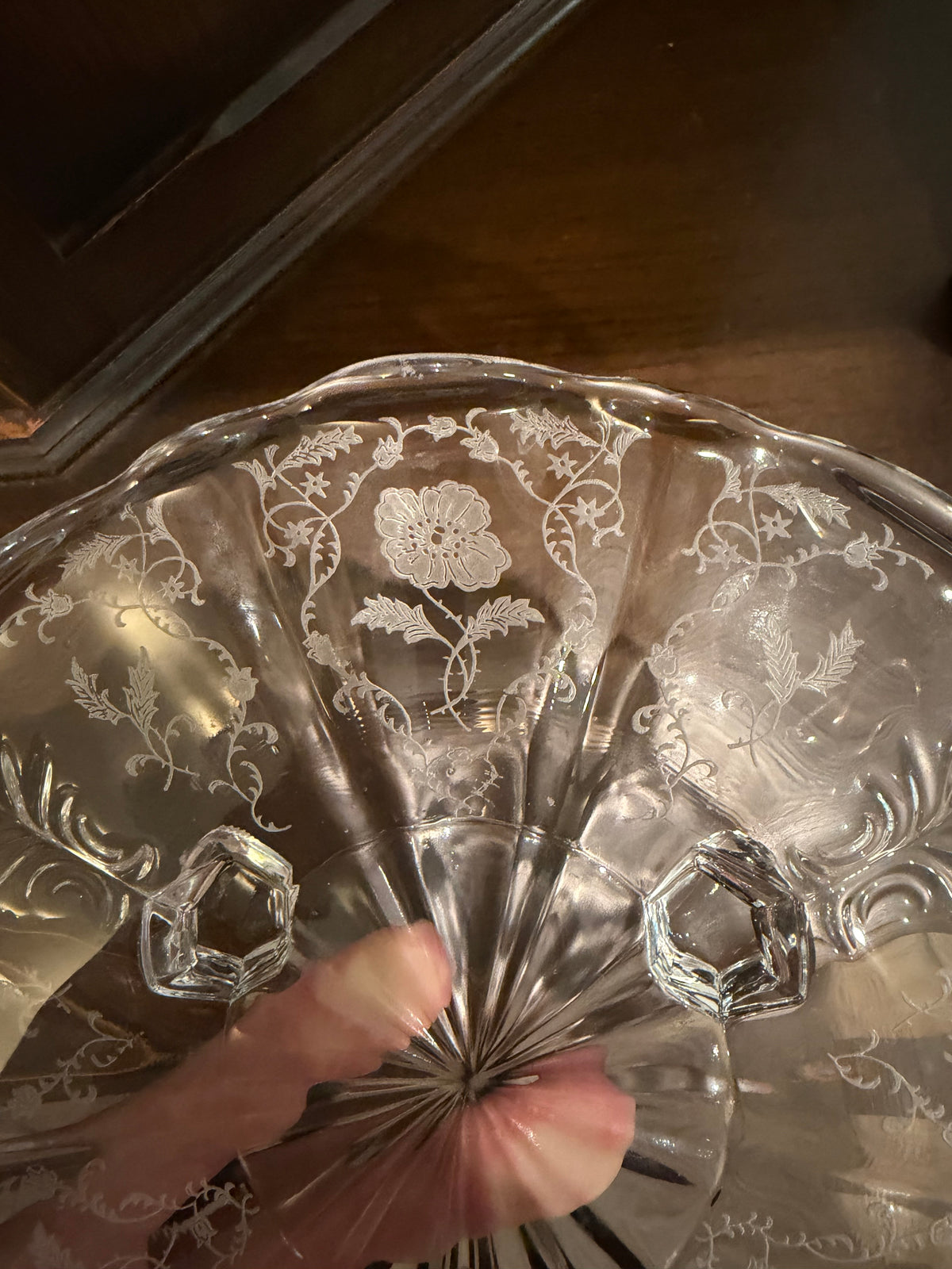 Vintage Fostoria Meadow Rose Etched Glass 3-Toed Footed Serving Plate