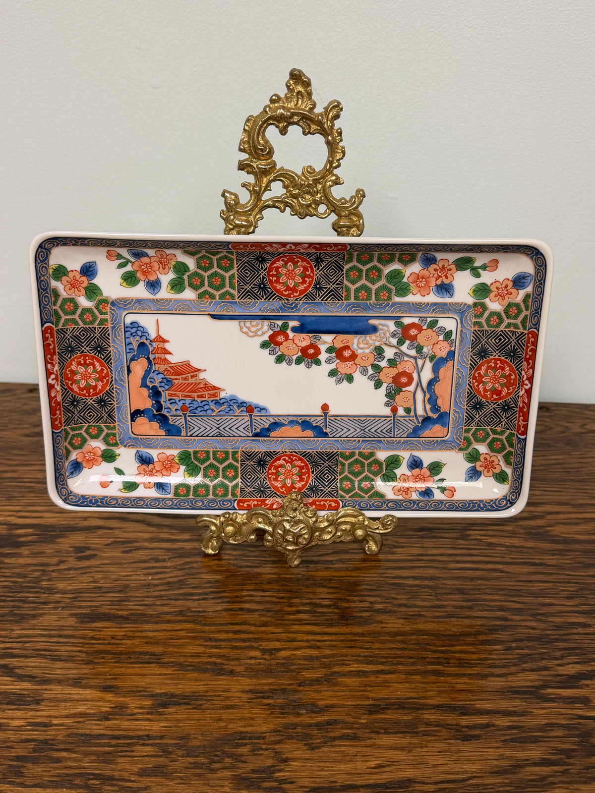 Vintage Japanese Imari Porcelain Rectangular Tray – Floral Pagoda Landscape