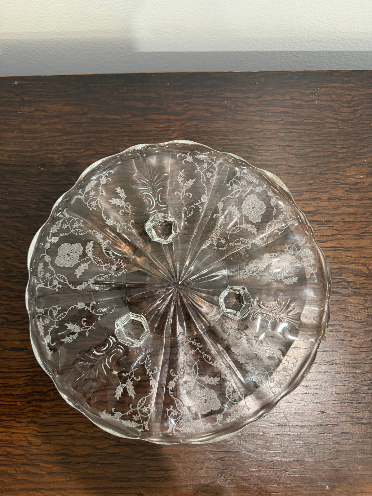 Vintage Fostoria Meadow Rose Etched Glass 3-Toed Footed Serving Plate