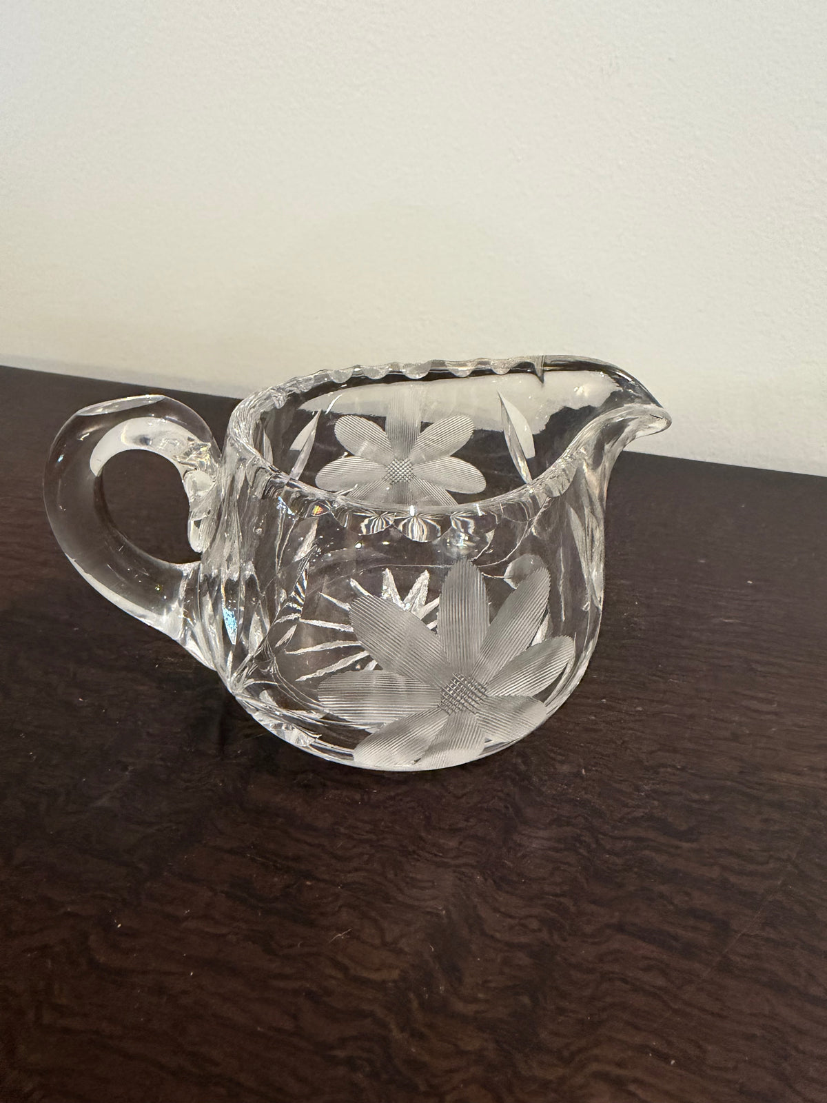 Vintage Cut Glass Crystal Clear Creamer and Sugar Bowl with Etched Flowers