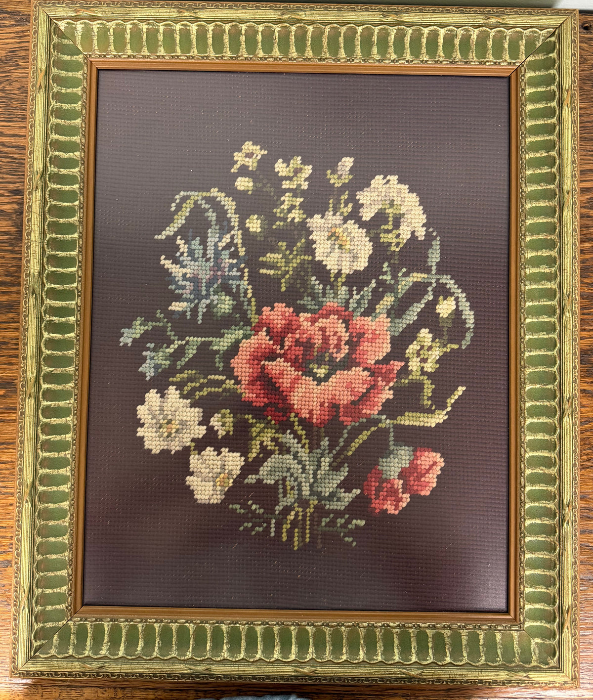 Vintage Floral Needlepoint Tapestry – Hand-Stitched Flower Bouquet in Ornate Gold & Green Frame