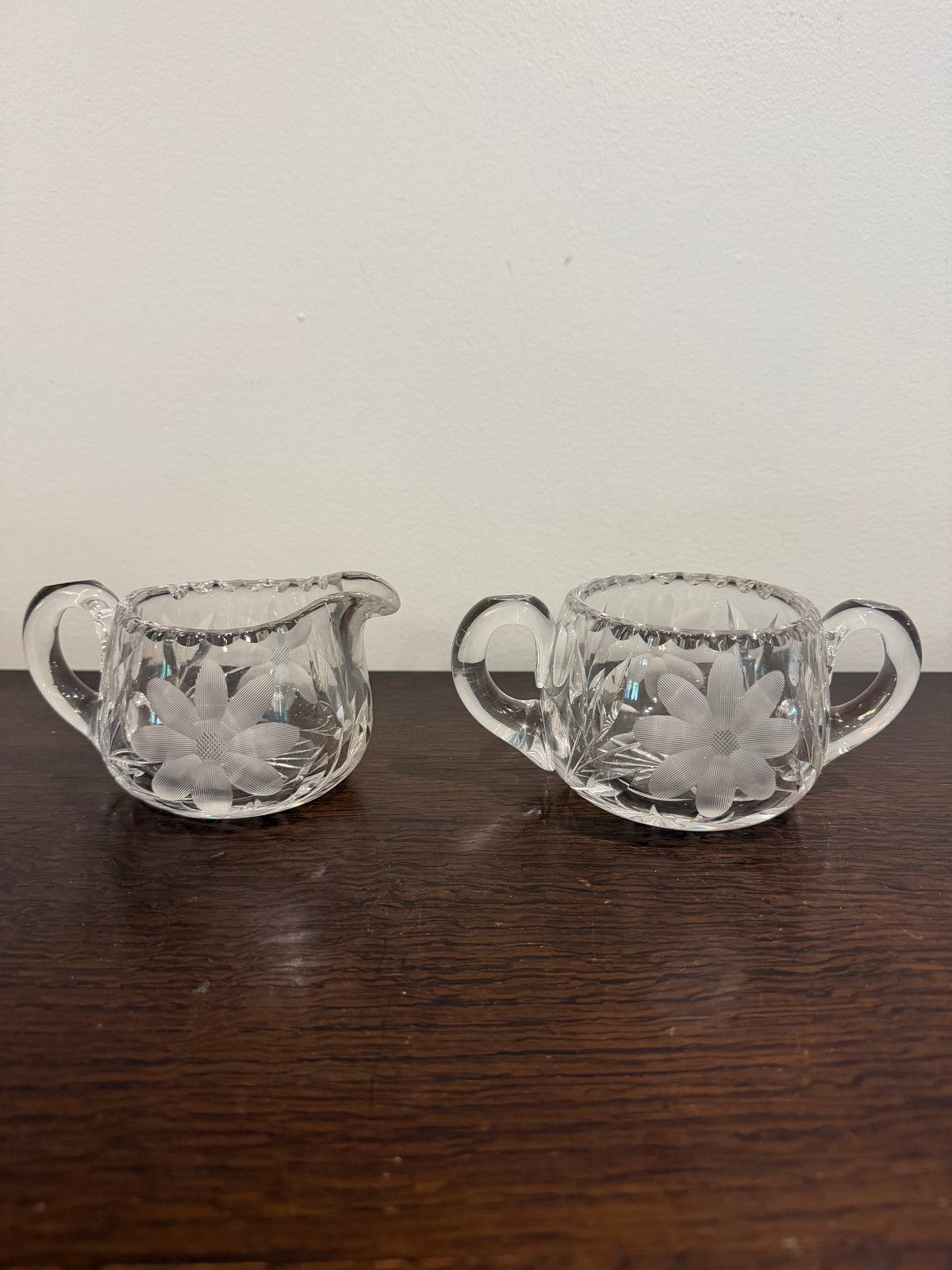 Vintage Cut Glass Crystal Clear Creamer and Sugar Bowl with Etched Flowers