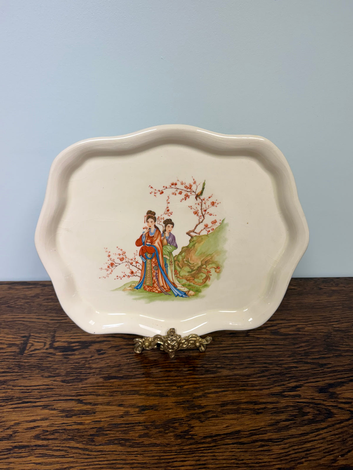 Vintage Asian Porcelain Geisha Scalloped Trinket Dish – Hand Painted Scenic Design