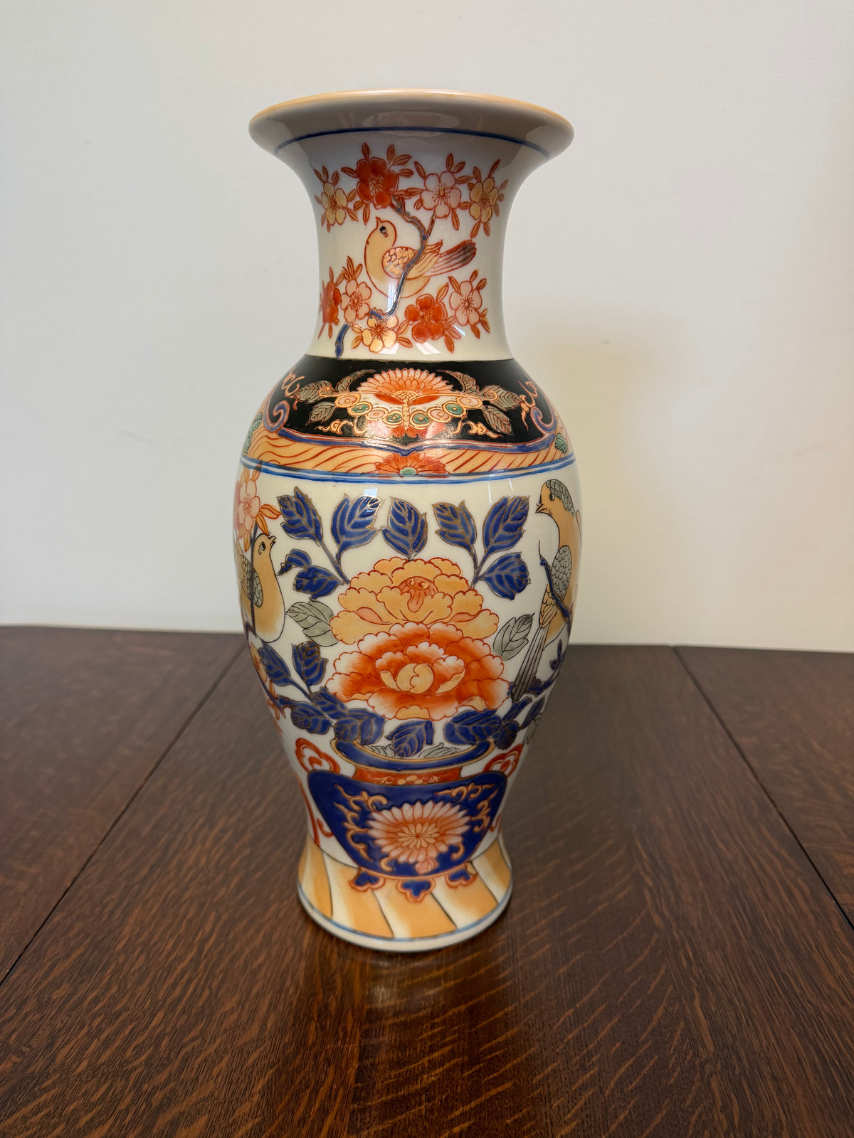 Vintage Japanese Imari Style Porcelain Vase – Hand-Painted Birds & Peonies – Blue, Red & Gold