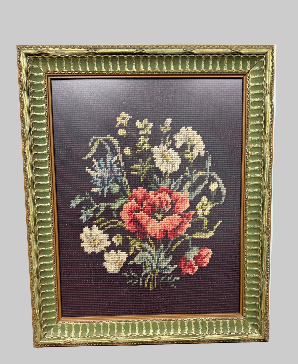 Vintage Floral Needlepoint Tapestry – Hand-Stitched Flower Bouquet in Ornate Gold & Green Frame