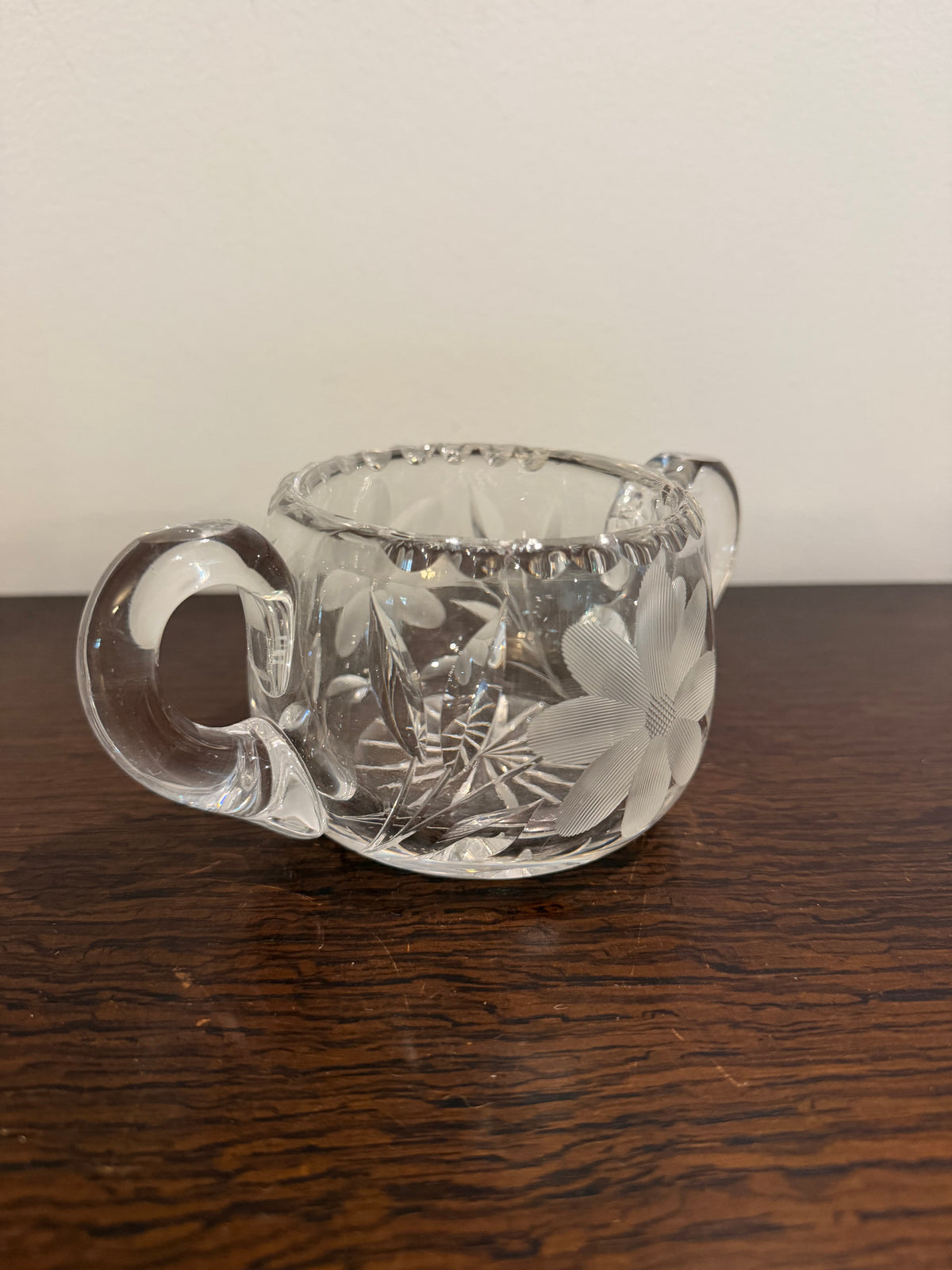 Vintage Cut Glass Crystal Clear Creamer and Sugar Bowl with Etched Flowers