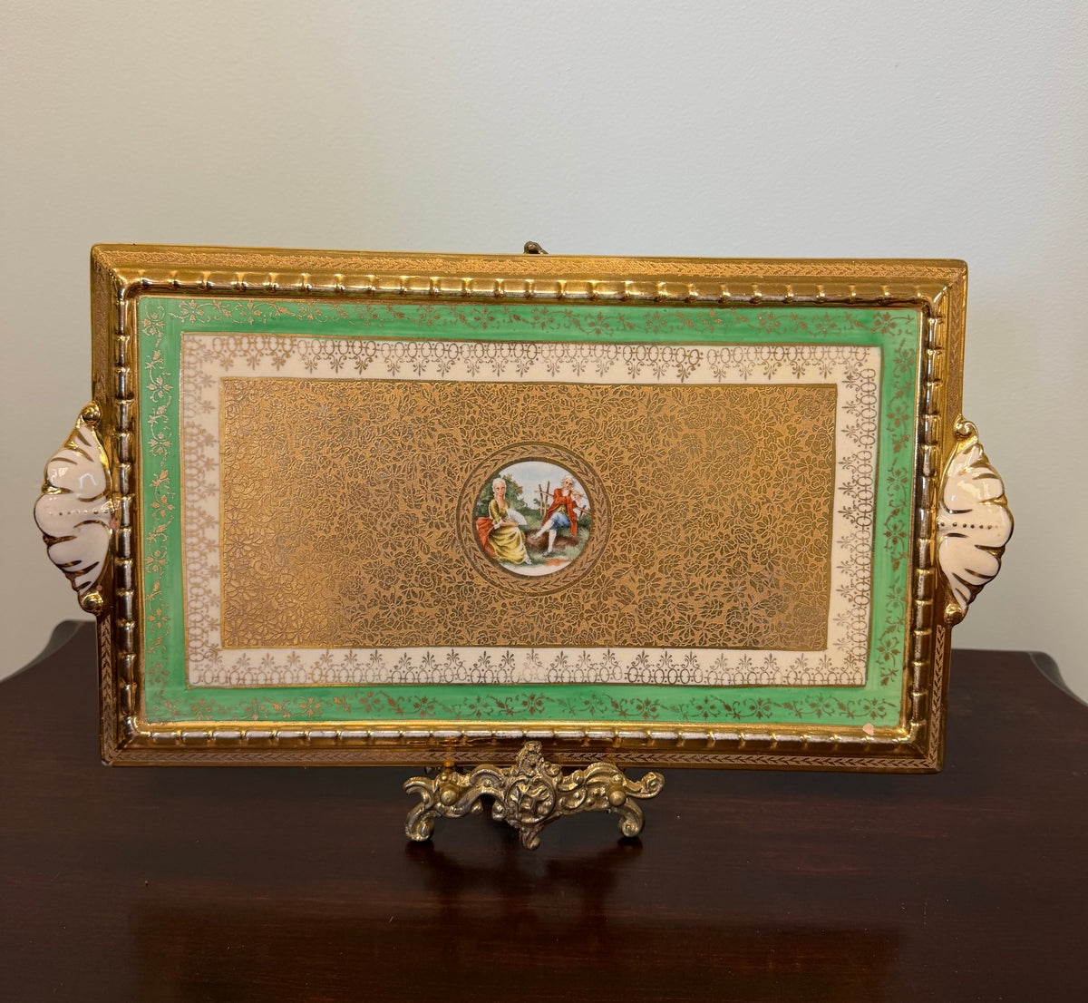 Antique French Sevres-Style Porcelain & Gilt Tray with Romantic Courting Scene, Turquoise & Gold
