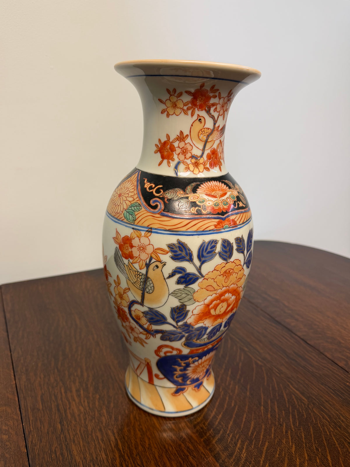Vintage Japanese Imari Style Porcelain Vase – Hand-Painted Birds & Peonies – Blue, Red & Gold