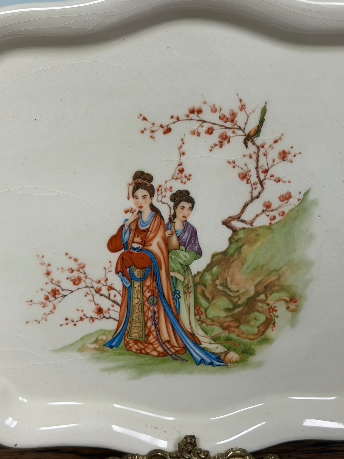 Vintage Asian Porcelain Geisha Scalloped Trinket Dish – Hand Painted Scenic Design