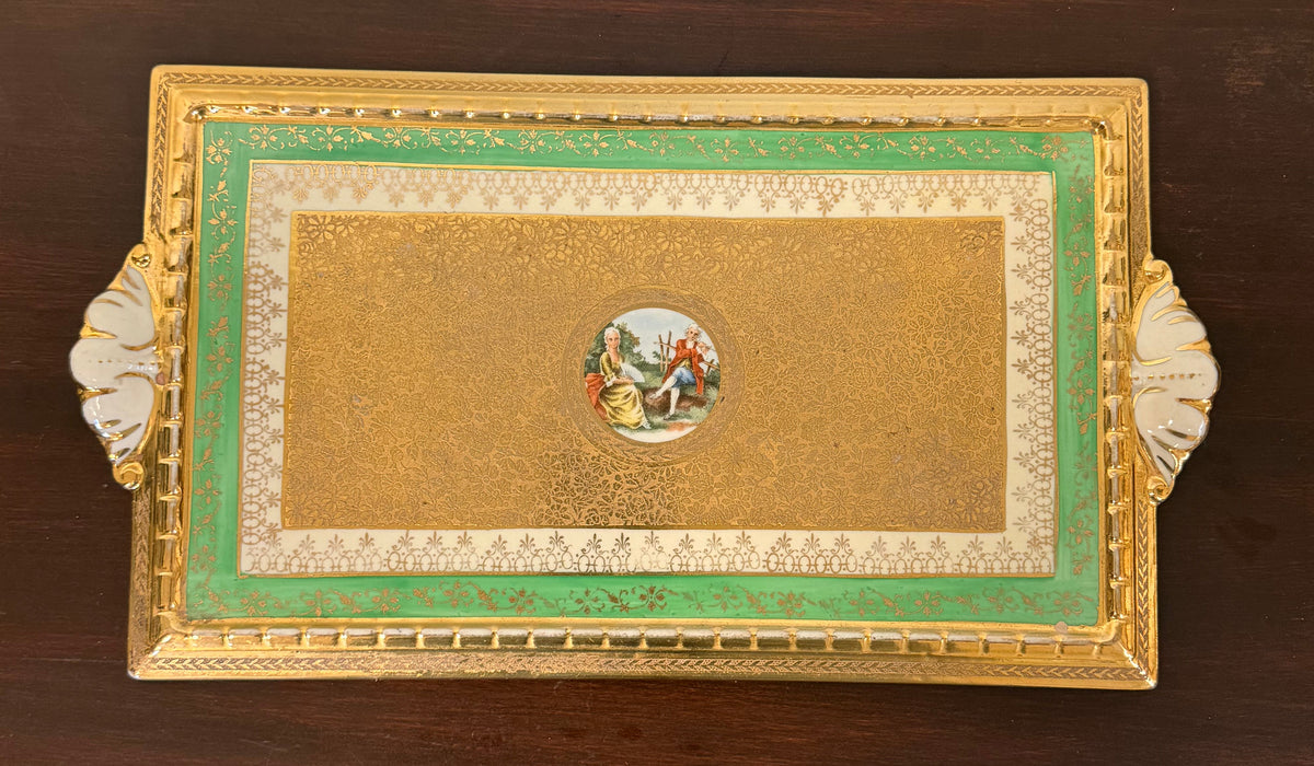 Antique French Sevres-Style Porcelain & Gilt Tray with Romantic Courting Scene, Turquoise & Gold