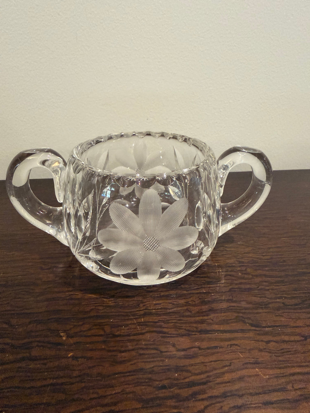 Vintage Cut Glass Crystal Clear Creamer and Sugar Bowl with Etched Flowers