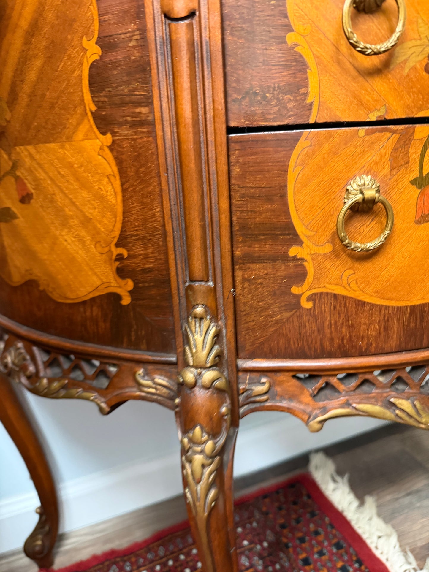 French Louis XV-Style Floral Marquetry Bombe Commode with Marble Top & Gilt Bronze Details
