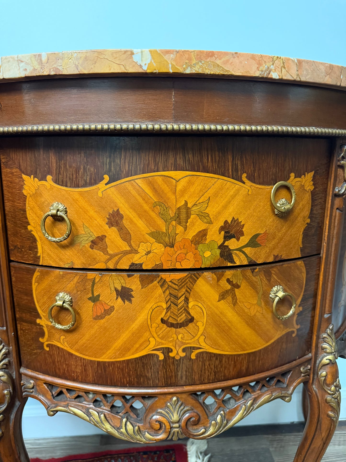 French Louis XV-Style Floral Marquetry Bombe Commode with Marble Top & Gilt Bronze Details