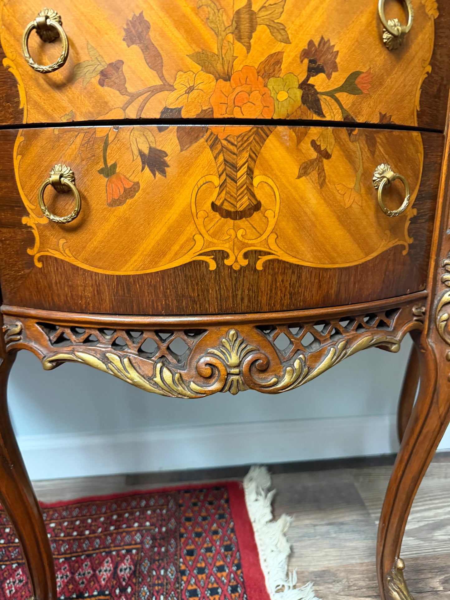 French Louis XV-Style Floral Marquetry Bombe Commode with Marble Top & Gilt Bronze Details