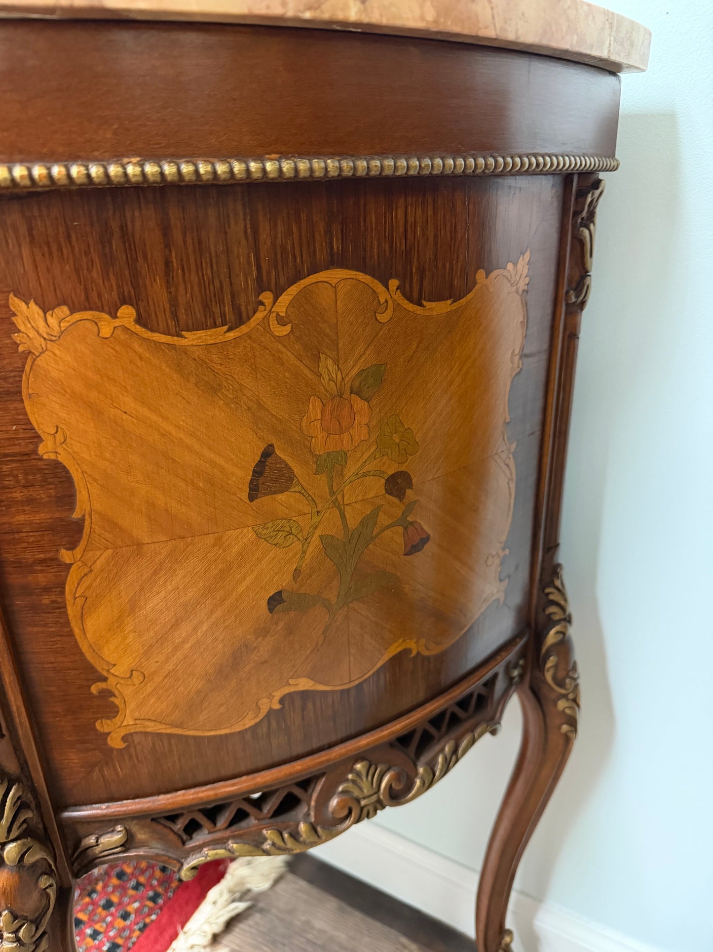 French Louis XV-Style Floral Marquetry Bombe Commode with Marble Top & Gilt Bronze Details