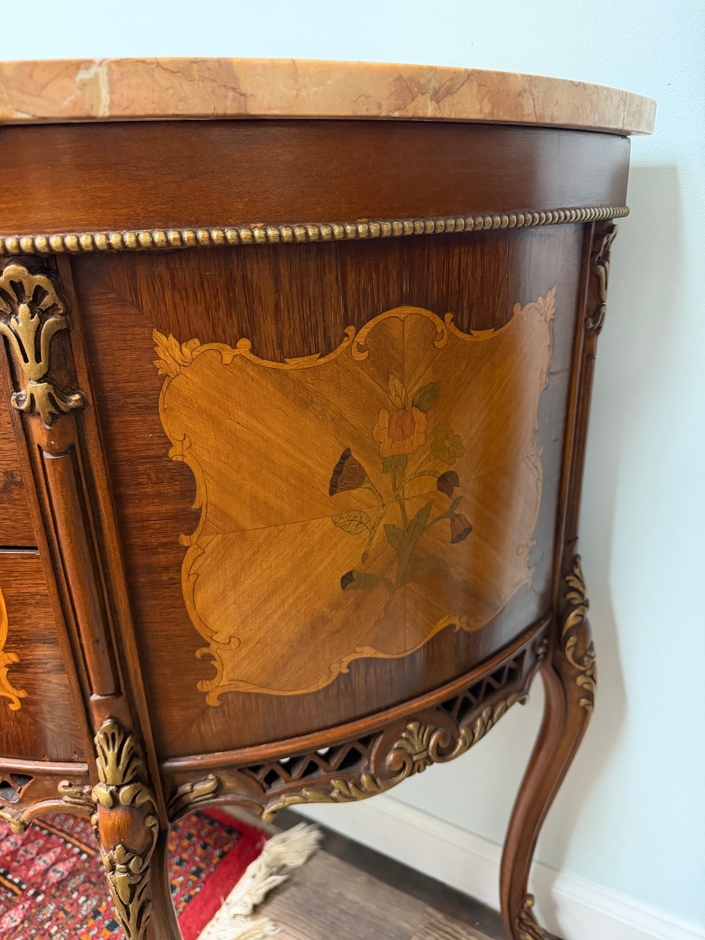 French Louis XV-Style Floral Marquetry Bombe Commode with Marble Top & Gilt Bronze Details