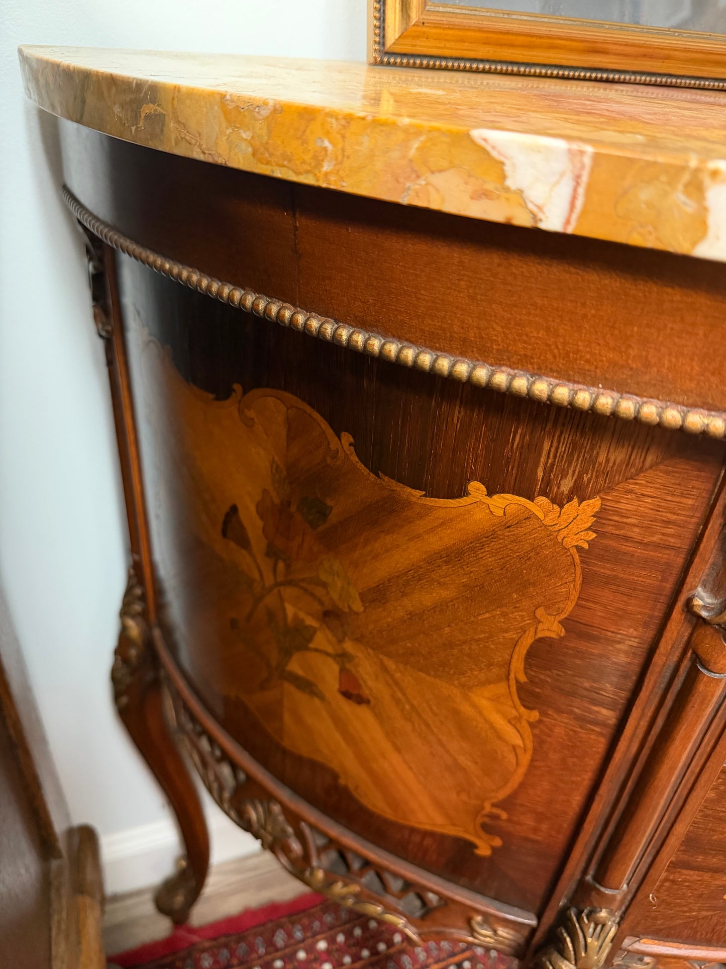 French Louis XV-Style Floral Marquetry Bombe Commode with Marble Top & Gilt Bronze Details