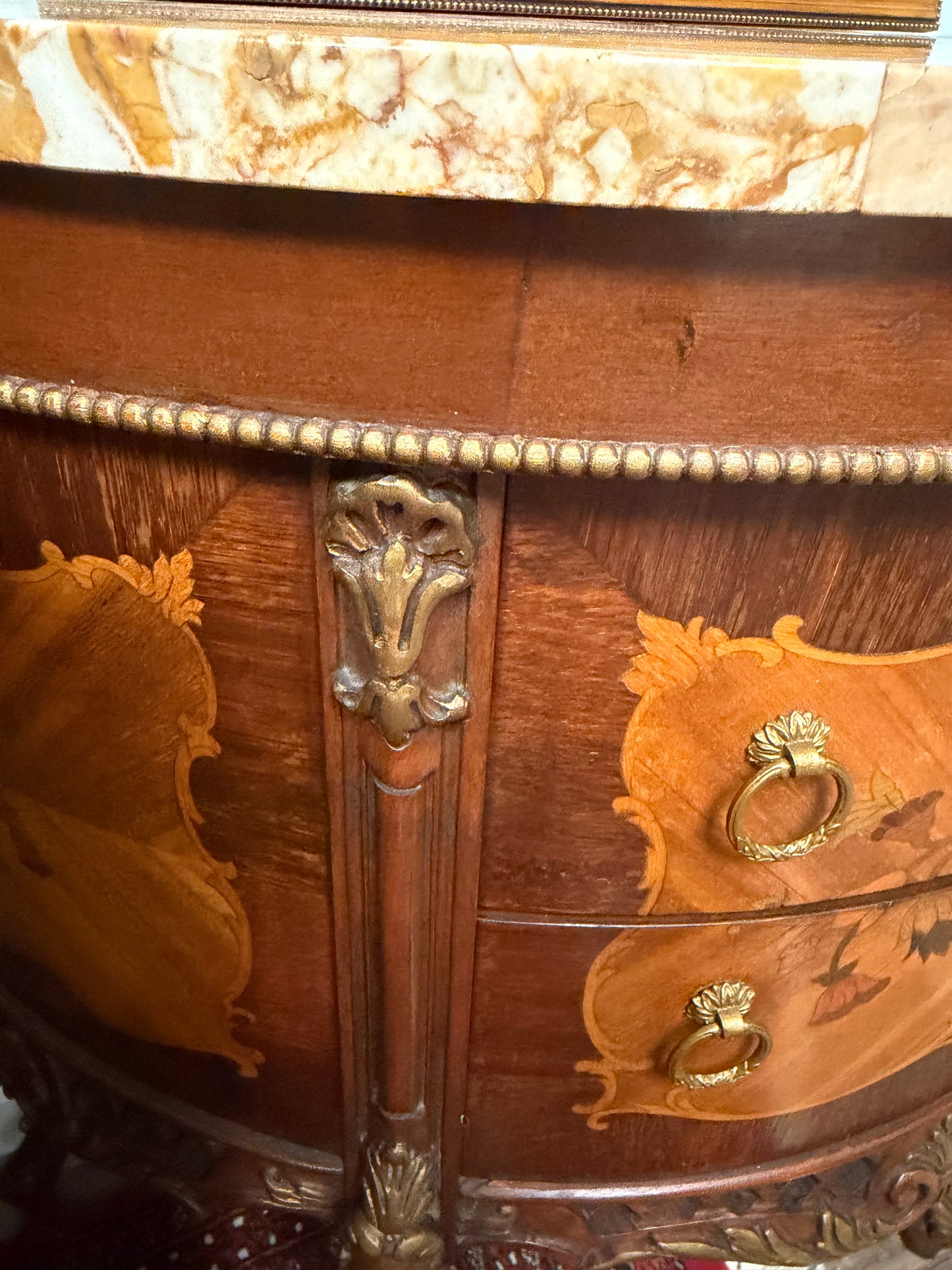 French Louis XV-Style Floral Marquetry Bombe Commode with Marble Top & Gilt Bronze Details