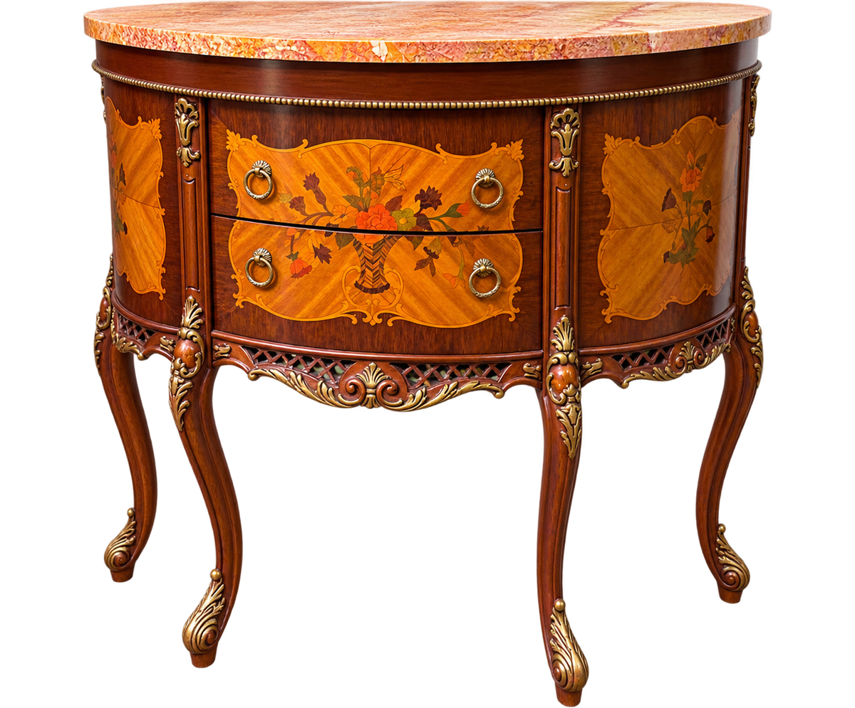 French Louis XV-Style Floral Marquetry Bombe Commode with Marble Top & Gilt Bronze Details