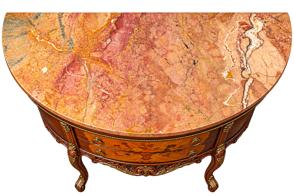 French Louis XV-Style Floral Marquetry Bombe Commode with Marble Top & Gilt Bronze Details
